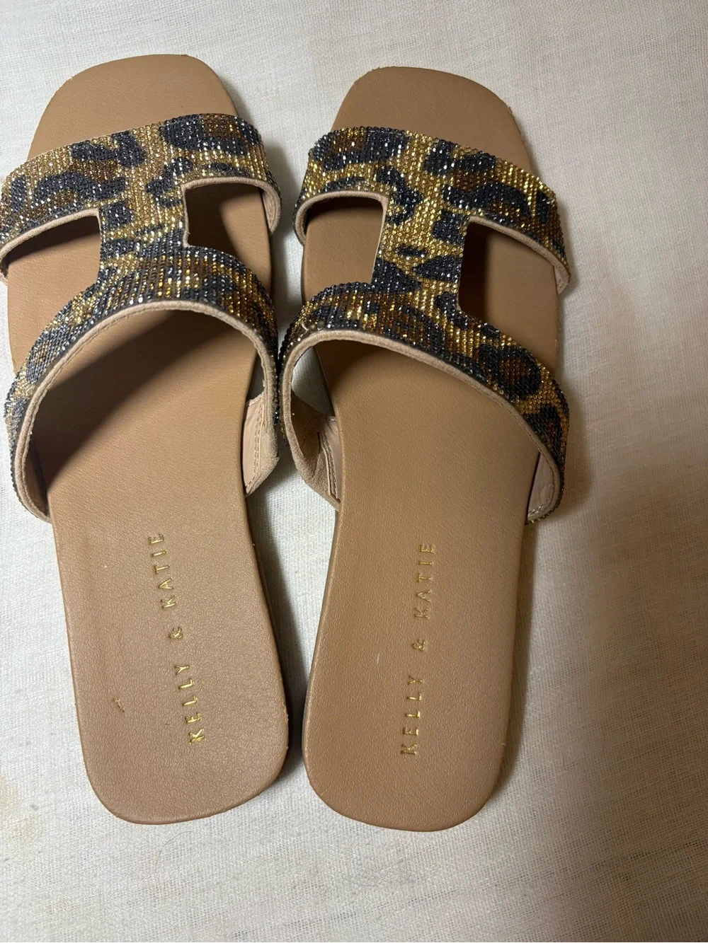 Kelly & Katie Rhinestone Leopard Slide Sandals Glitter Glam Y2K Flats Sandals 9